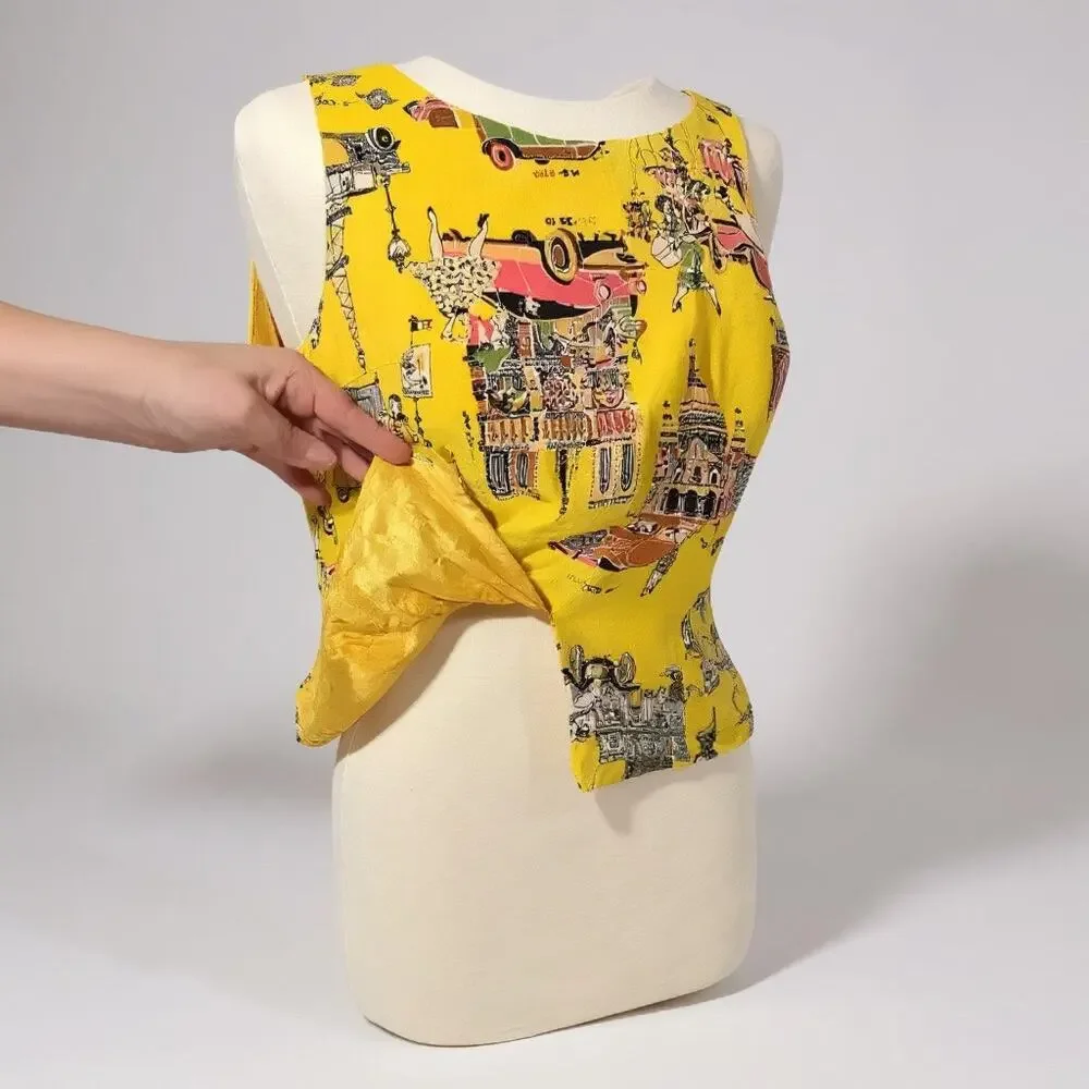 Vintage Criscione 100% Silk Top - Bold Yellow - Art Deco Cityscape - Picture 4 of 6